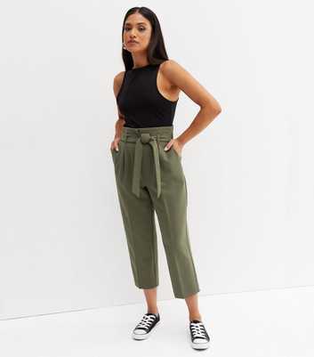 Petite Khaki Short Leg Elasticated Tie Waist Trousers
