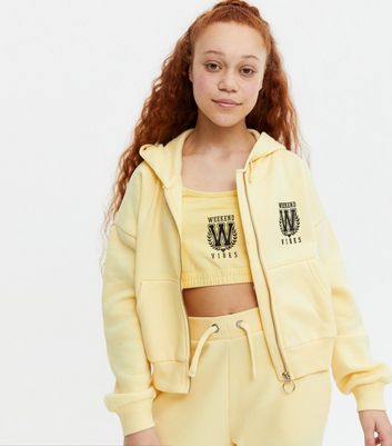 Girls Pale Yellow Logo Hoodie Jogger Bralette Set New Look