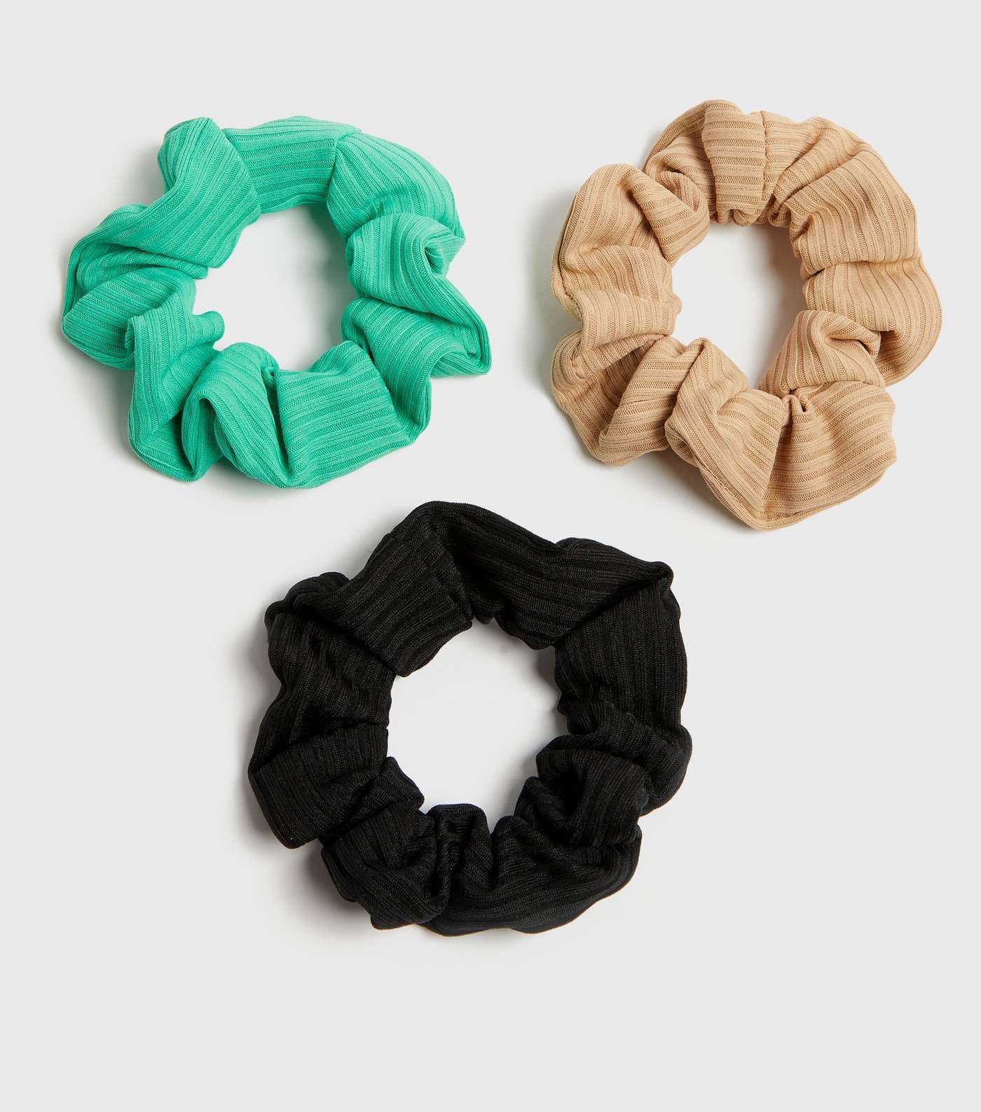 3 Pack Green Camel and Black Ribbed Scrunchies