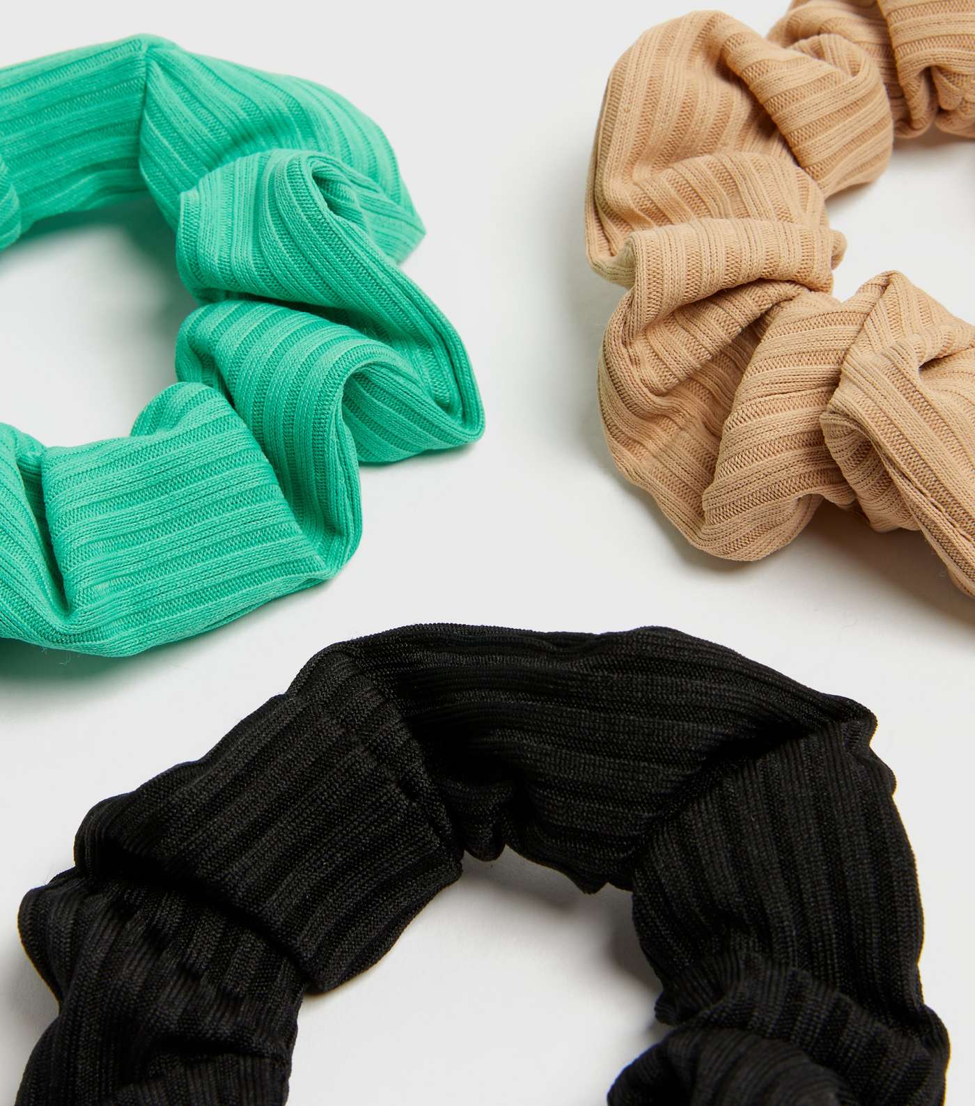 3 Pack Green Camel and Black Ribbed Scrunchies Image 3