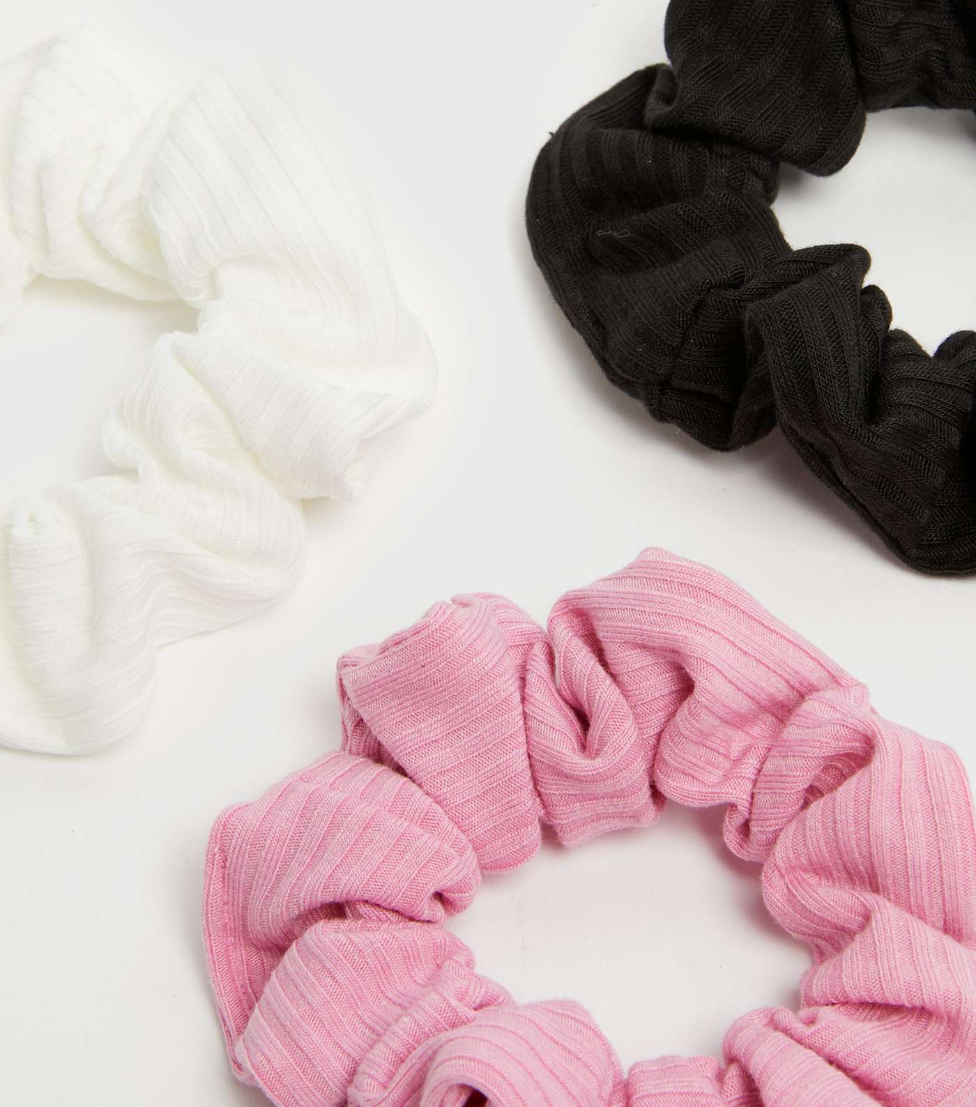 3 Pack Pink White and Black Ribbed Scrunchies Image 2