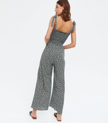 black ditsy floral shirred tie strap jumpsuit