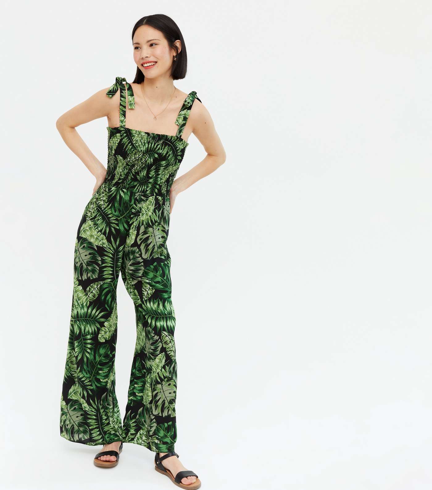 Green Tropical Palm Print Shirred Tie Strap Jumpsuit  Image 2
