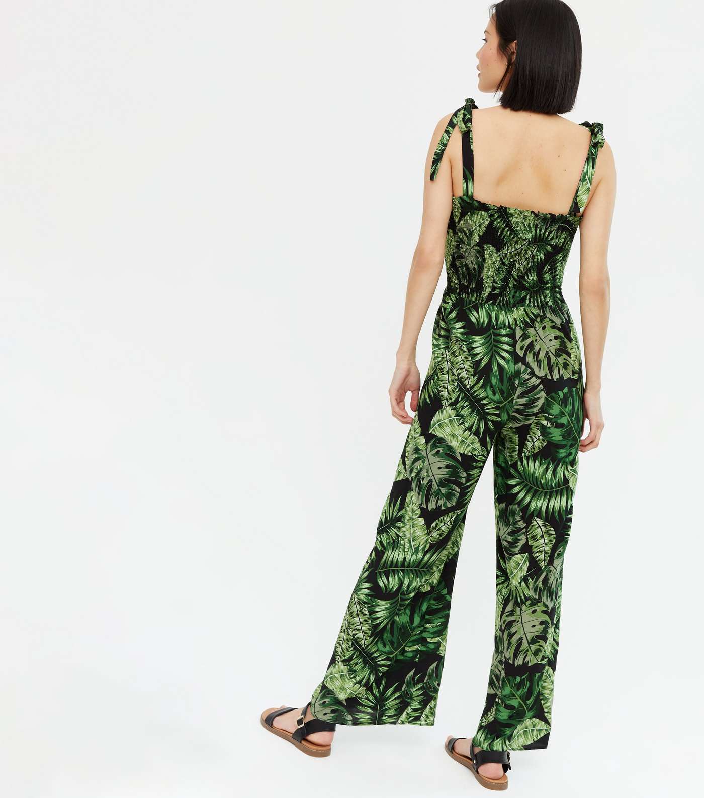 Green Tropical Palm Print Shirred Tie Strap Jumpsuit  Image 4