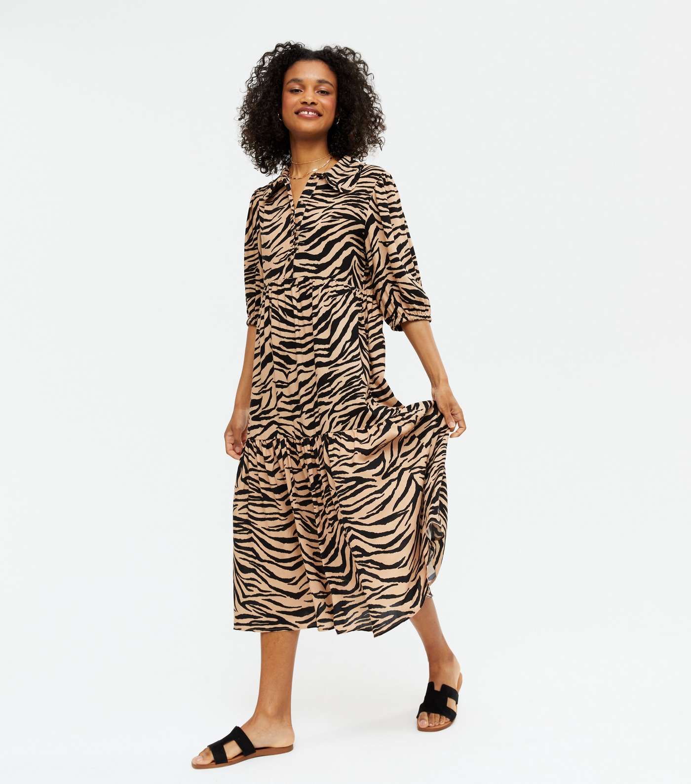 Brown Tiger Print Smock Midi Shirt Dress Image 2