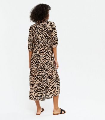 warehouse tiger high neck midi dress