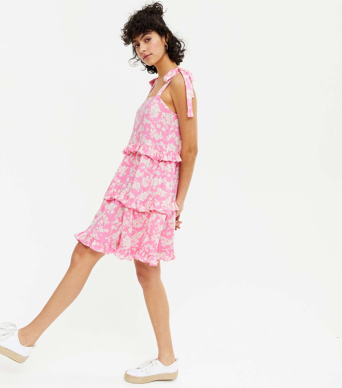 Pink Floral Tie Strap Frill Tiered Mini Dress Image 2