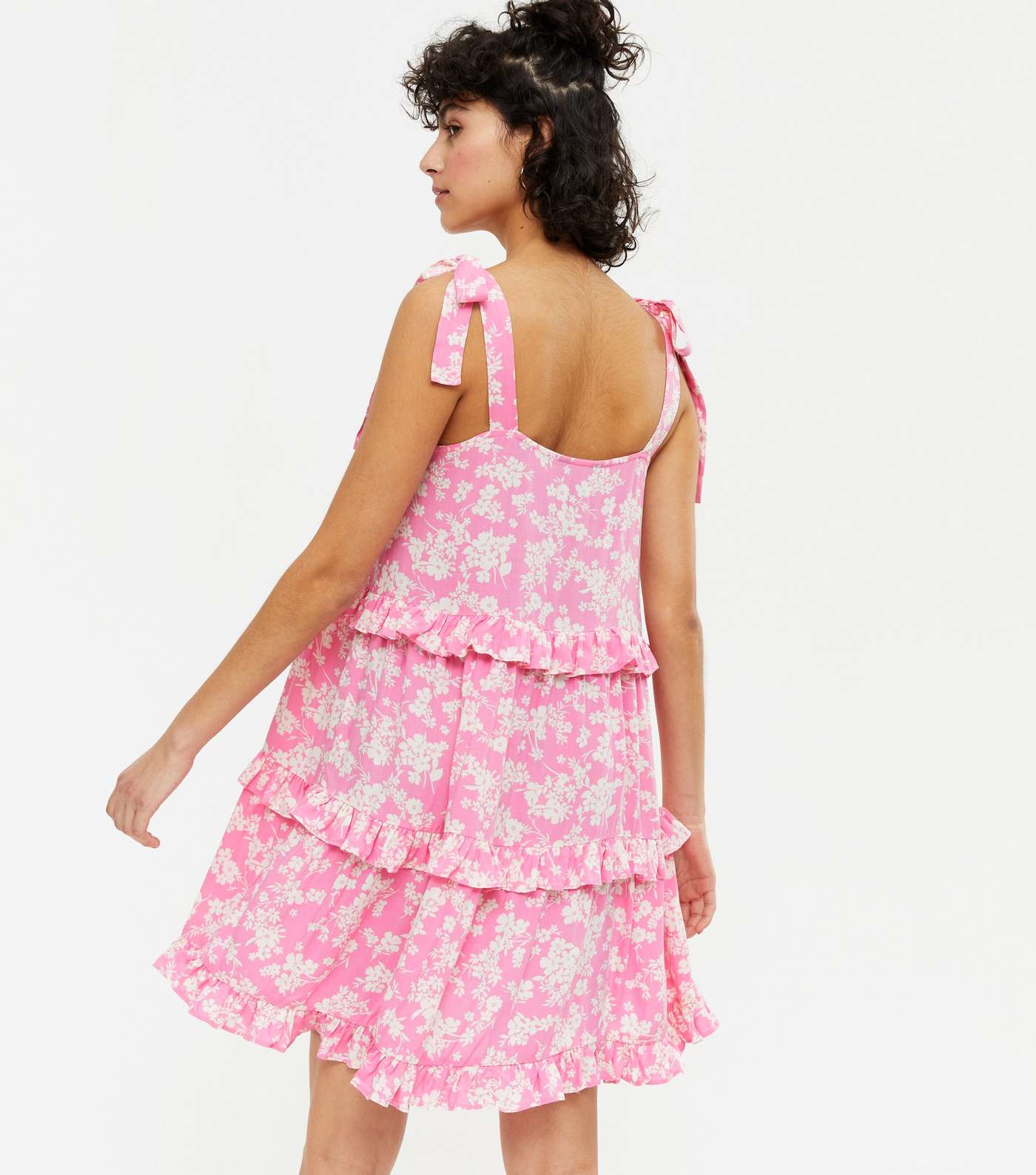 Pink Floral Tie Strap Frill Tiered Mini Dress Image 4