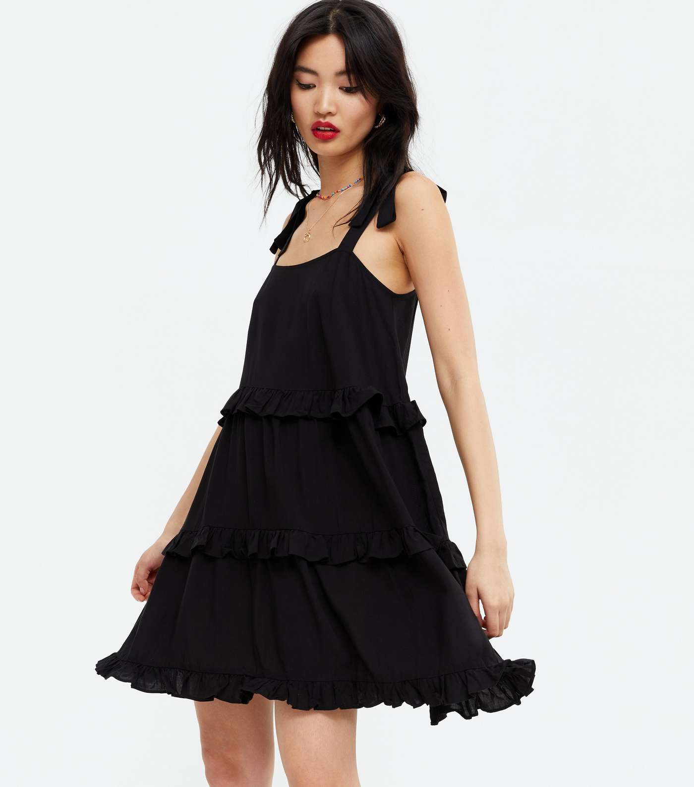 Black Tie Strap Frill Tiered Mini Dress