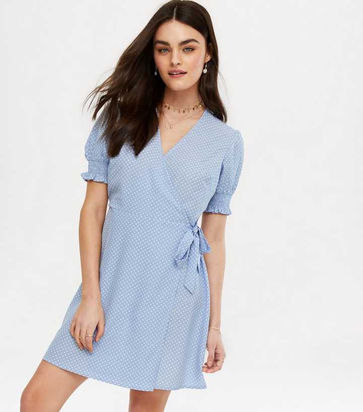 Blue Spot Puff Sleeve Tie Wrap Mini Dress