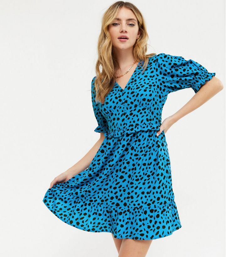 Submerged according to Watchful Blue Animal Print Puff Sleeve Ruffle Mini Dress | New Look