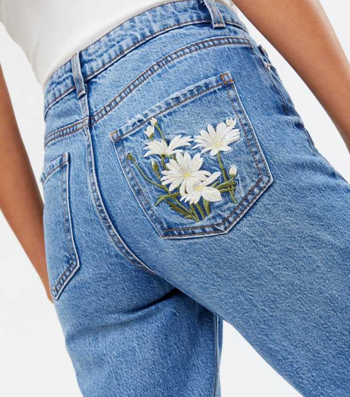 Flower Embroidered Jeans Blue