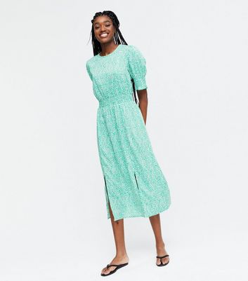 Green Ditsy Floral Puff Sleeve Midi 