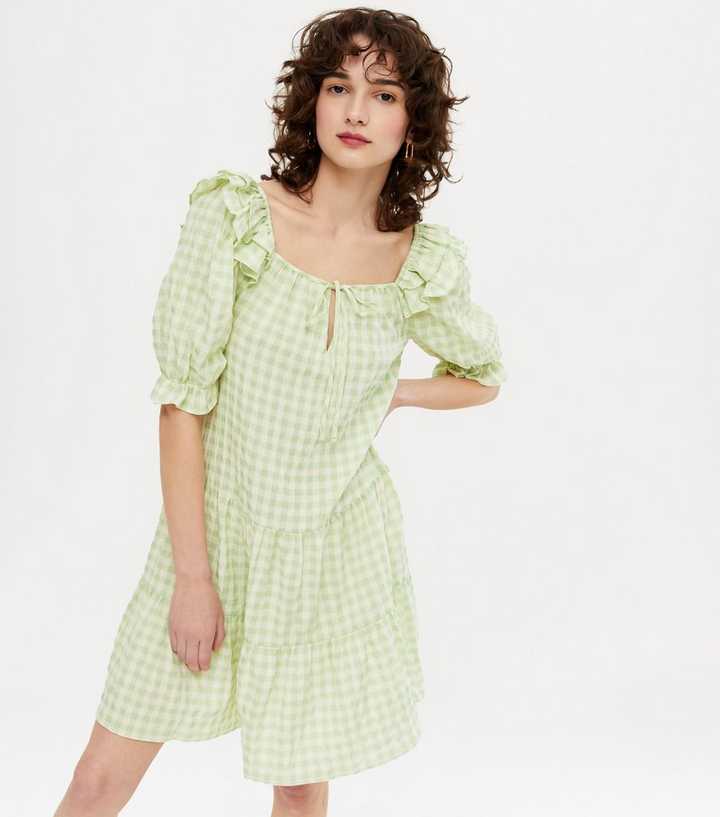Green Gingham Square Neck Smock Dress