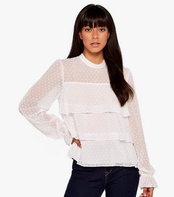 Image of Apricot Cream Spot Chiffon Tiered Blouse New Look