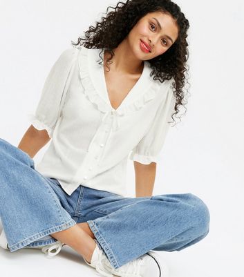 White Frill Tie Collar Button Up Blouse 