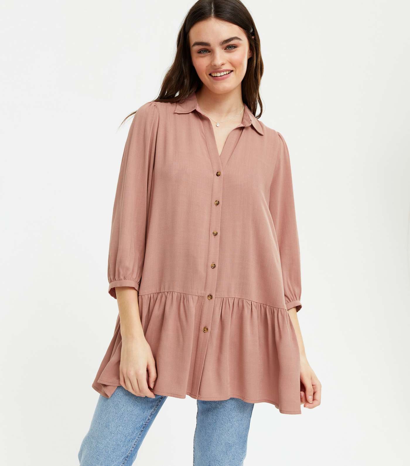 Mid Pink 3/4 Sleeve Long Peplum Shirt 