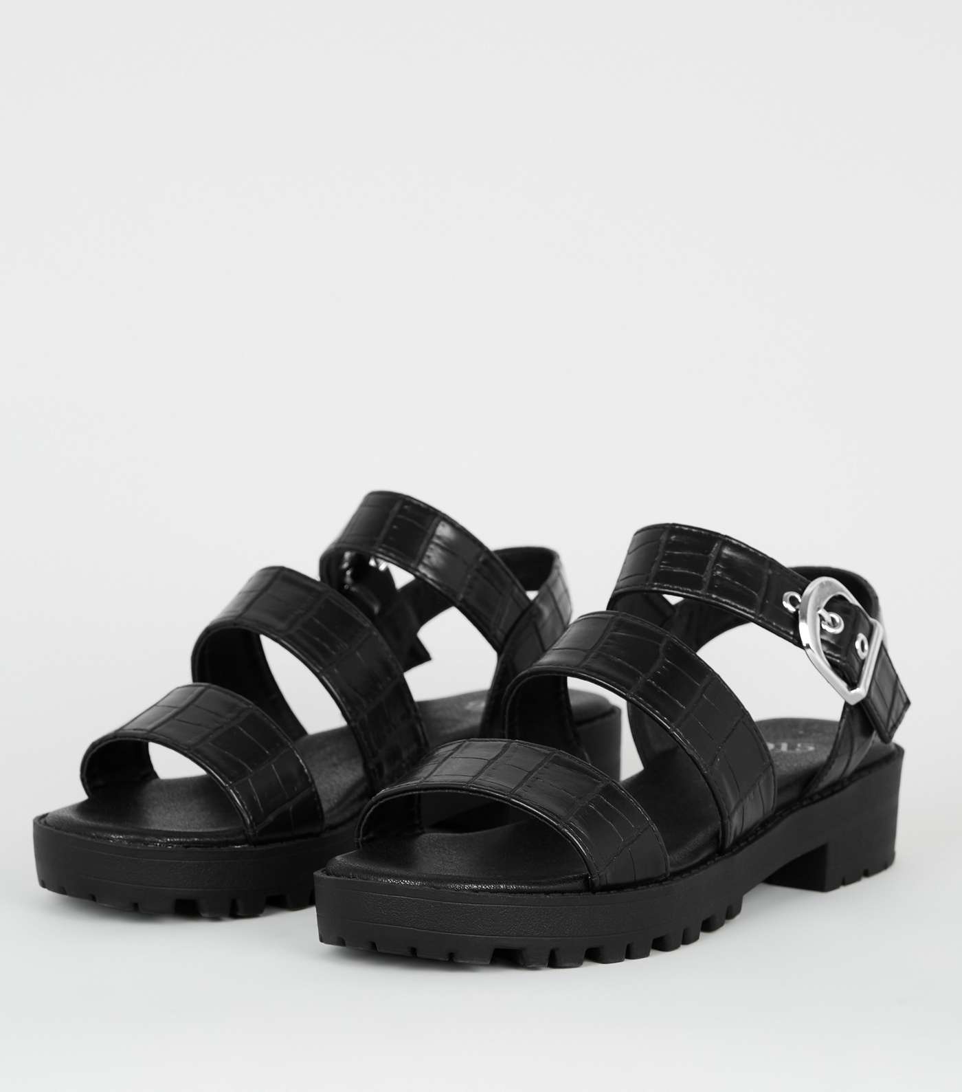 Girls Black Faux Croc Chunky Sandals Image 3