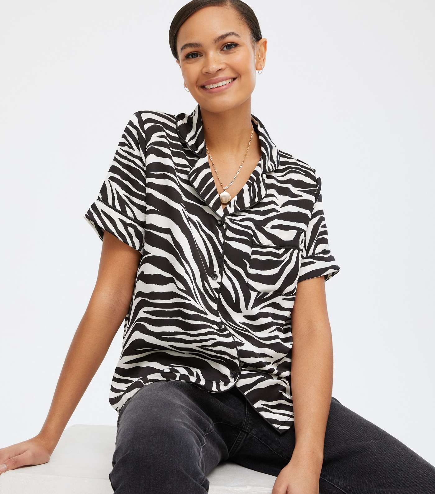 White Satin Zebra Print Pyjama-Style Shirt