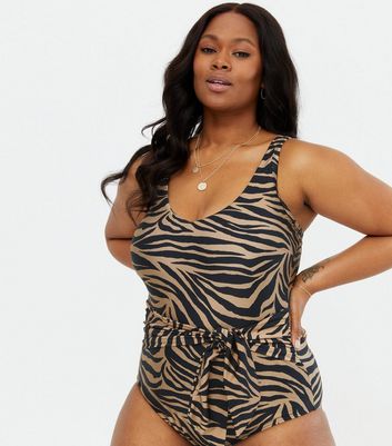 Curves Brown Zebra Print Belted Swimsuit New Look