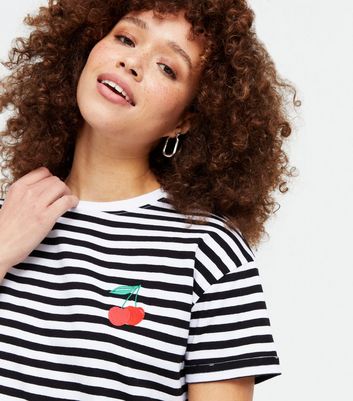 Black Stripe Cherry Embroidered T-Shirt | New Look