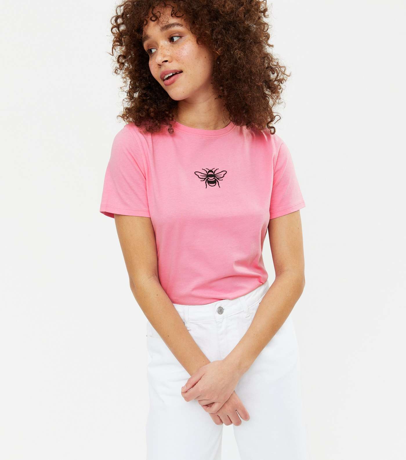 Bright Pink Bee Embroidered T-Shirt Image 2