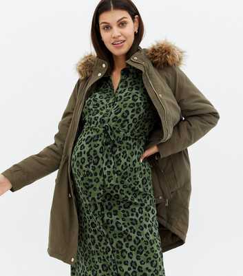 Maternity Khaki Faux Fur Hood Drawstring Parka Jacket