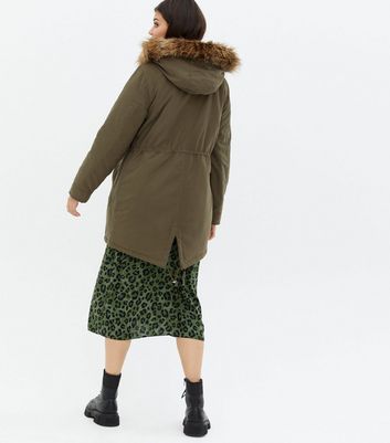 Maternity Khaki Faux Fur Hood Drawstring Parka Jacket New Look