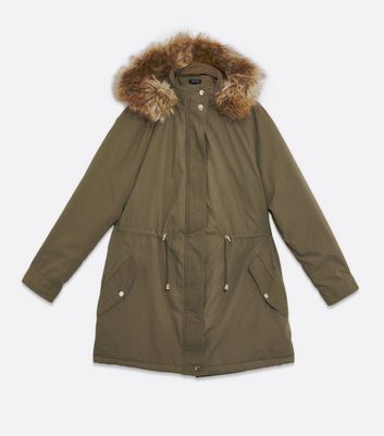 Maternity Khaki Faux Fur Hood 