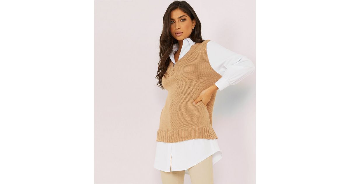 QUIZ Camel 2 in 1 Shirt Vest Jumper New Look