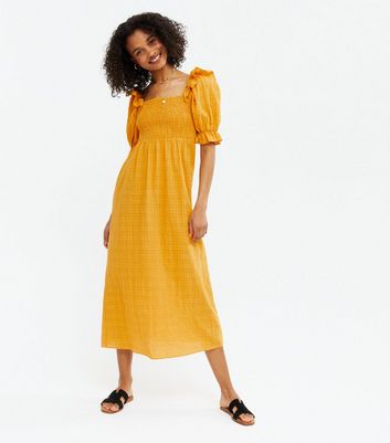 Yellow Seersucker Shirred Ruffle Square Neck Midi Dress | New Look