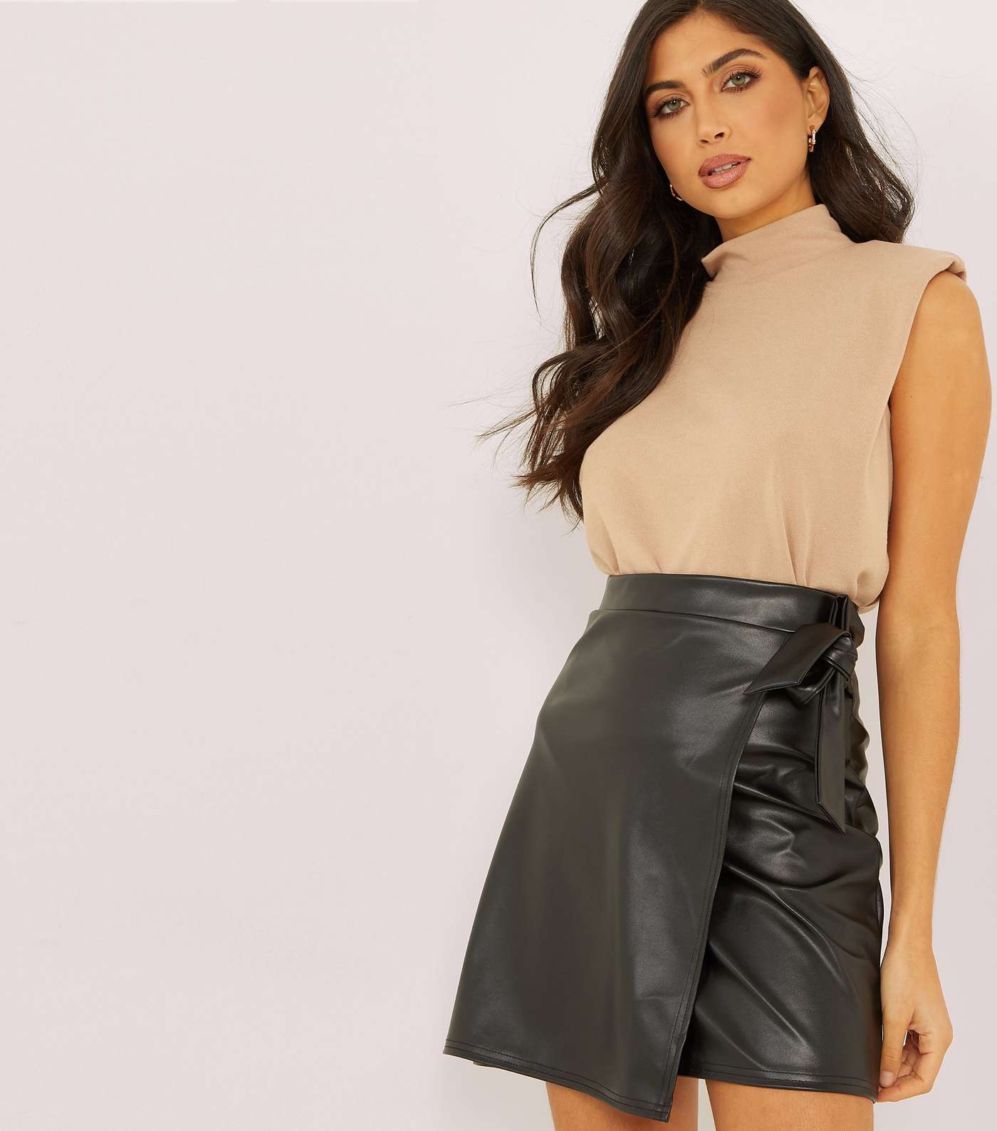 QUIZ Black Leather-Look Wrap Mini Skirt Image 2