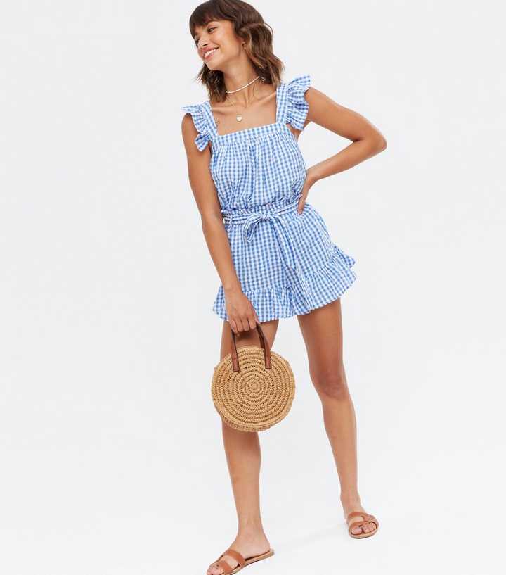 Blue Gingham Frill Belted High Waist Shorts 