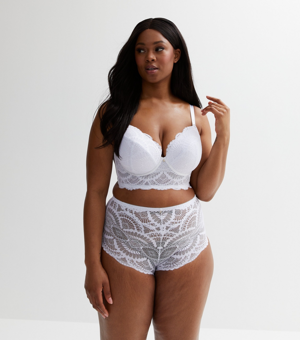Women's Plus Size White Scallop Lace High Waist Briefs Curves New Look