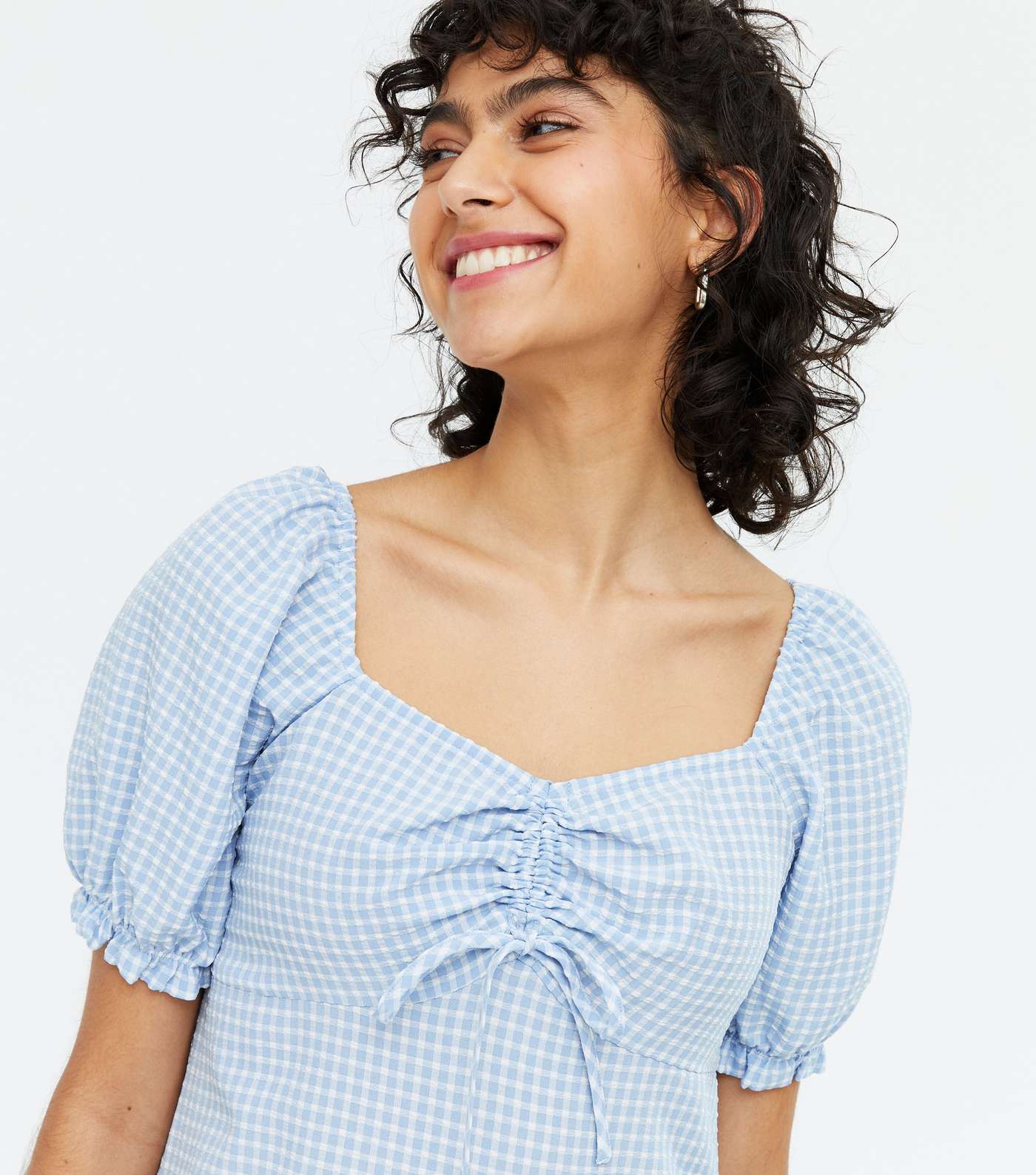 Blue Gingham Tie Front Frill Mini Dress Image 3