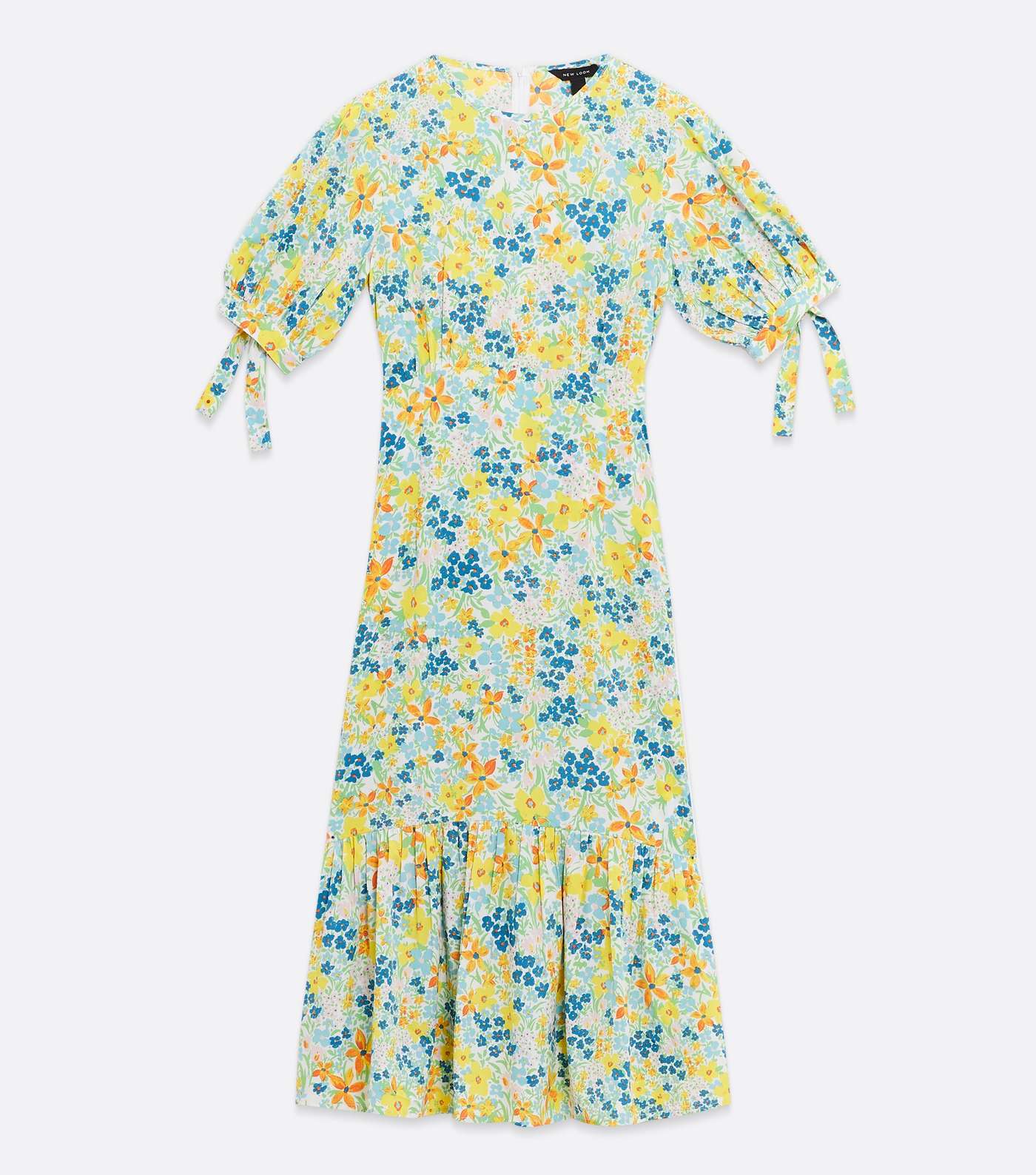 Blue Ditsy Floral Tie Puff Sleeve Frill Midi Dress Image 5