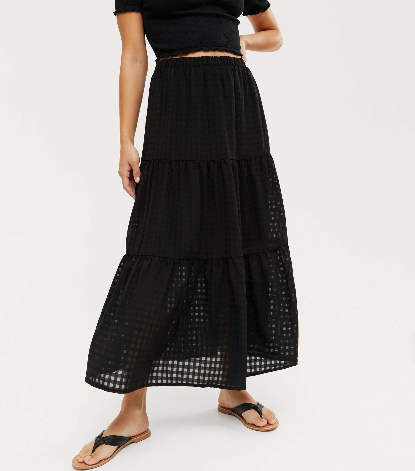 Black Gingham High Waist Tiered Midi Skirt Image 2