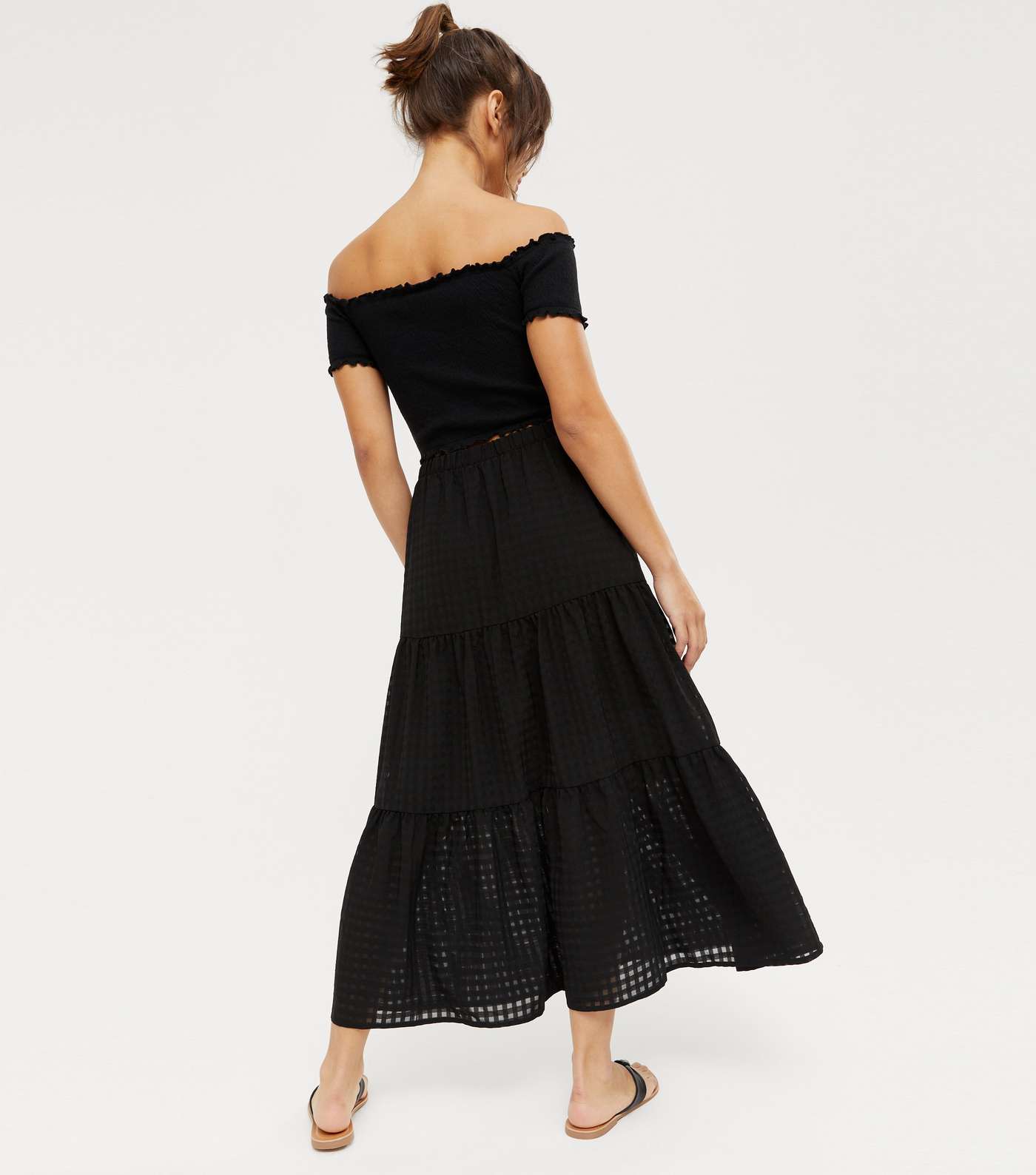 Black Gingham High Waist Tiered Midi Skirt Image 4