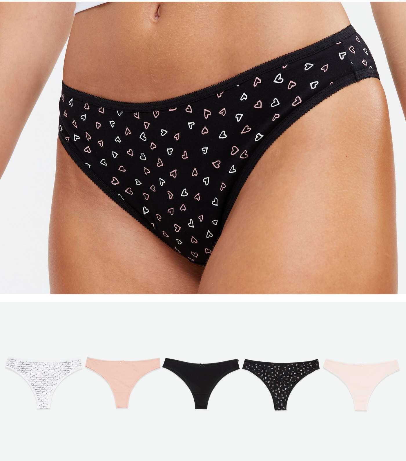 5 Pack Pink White and Black Heart Brazilian Briefs