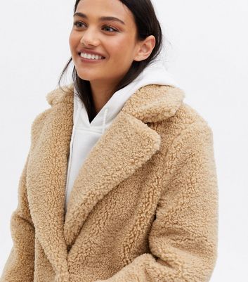 Camel Long Teddy Coat New Look