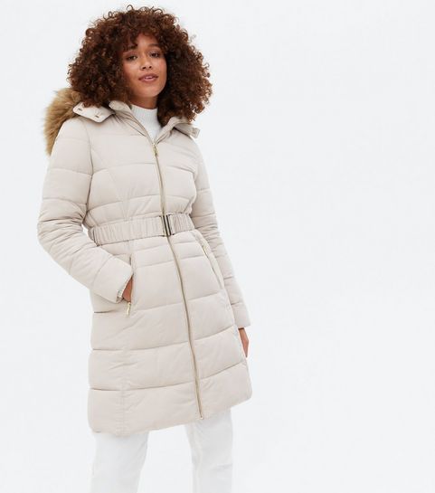 Stone Belted Puffer Long Jacket New Look, Beige Puffer Coat With Fur Hood
