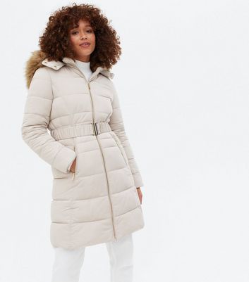 Stone Belted Puffer Long Jacket | New Look