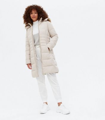 Stone Belted Puffer Long Jacket New Look