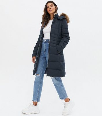 navy belted puffer coat