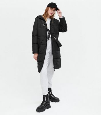 black longline puffer jacket with hood