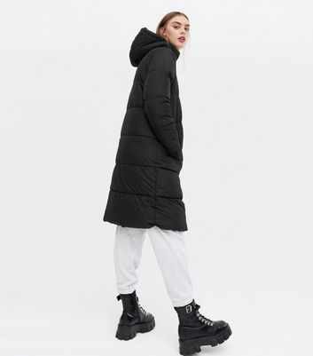 black hooded long puffer jacket