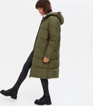 women's long khaki puffer coat