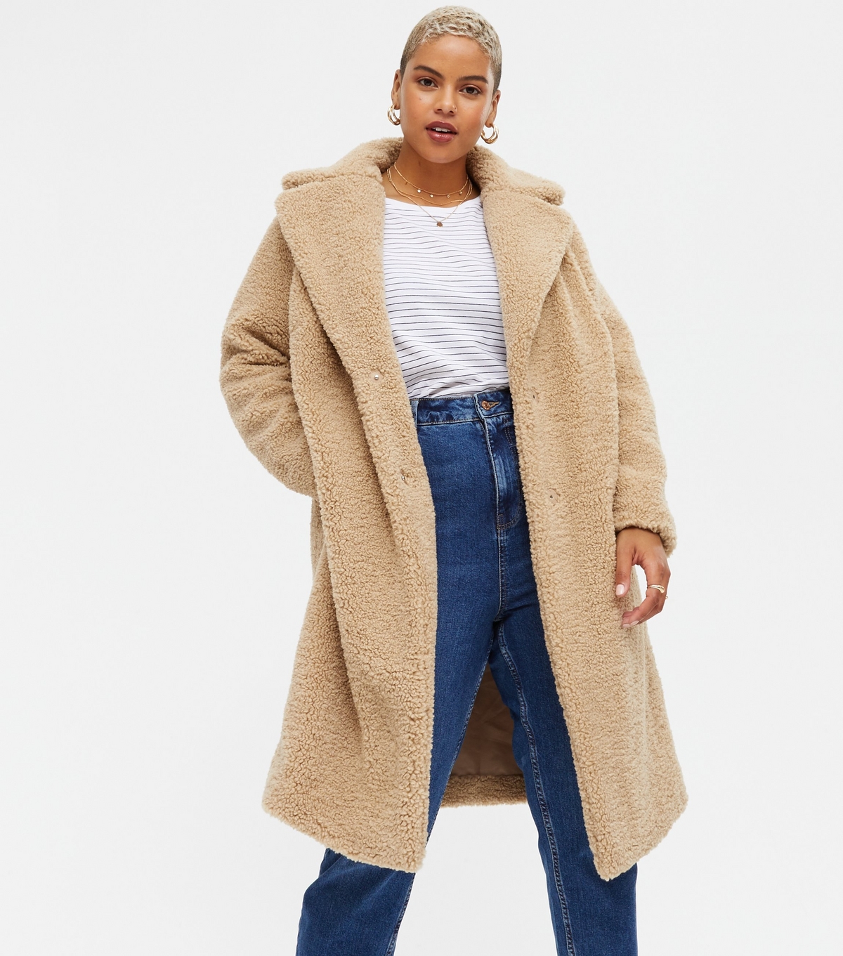 Women's Plus Size Camel Teddy Long Coat Curves New Look