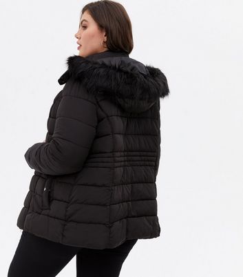 black puffer with black fur hood