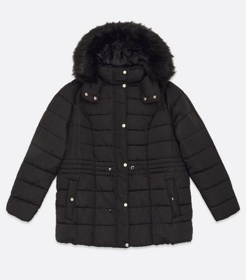 black puffer coat with fluffy hood